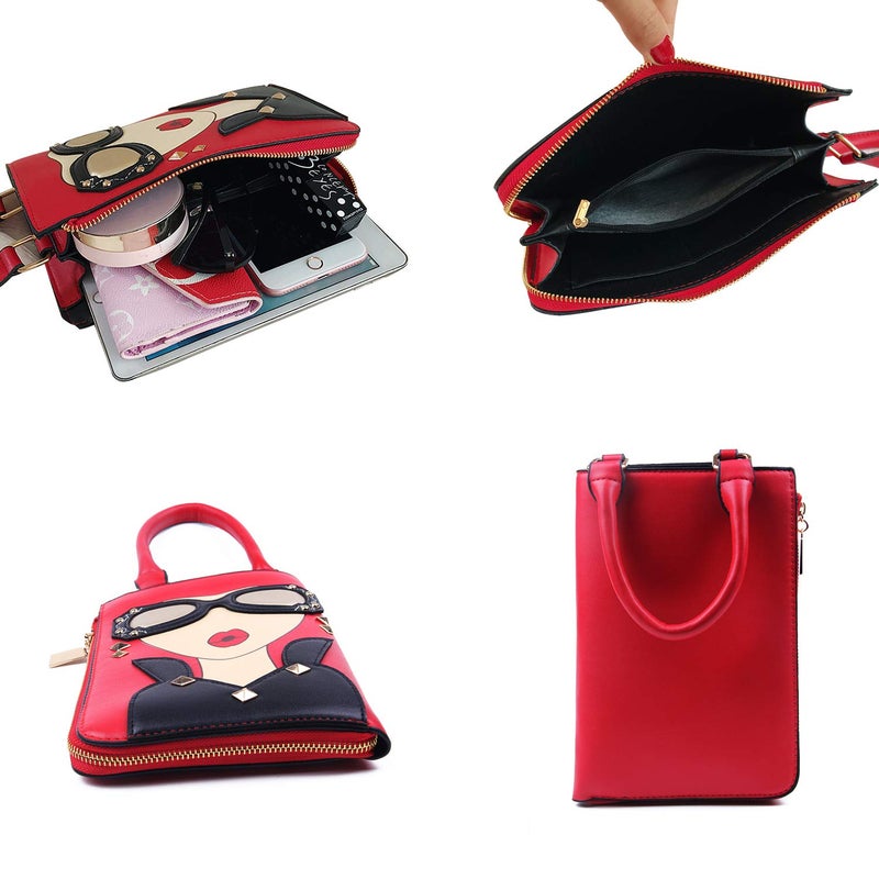 KUANG! Women Novelty Lady Face Shoulder Bags Funky PU Leather Top Handle Satchel Handbags Clutch Purse for Women - Image 3